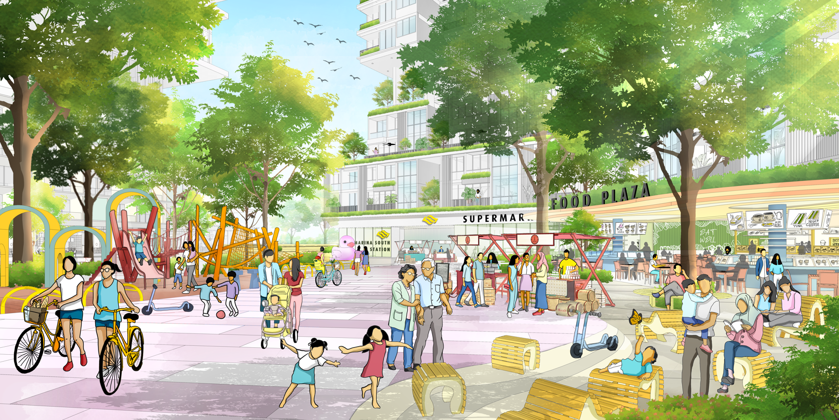 Illustration of a vibrant public space with people biking, playing, shopping at a supermarket, and dining at a food plaza, surrounded by trees and buildings.